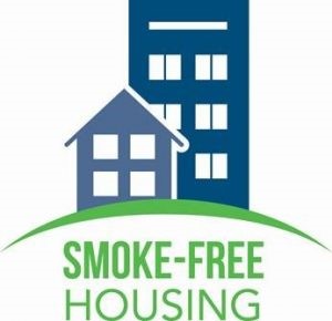 Image shows two buildings in blue, beneath, it reads; Smoke Free Housing in green